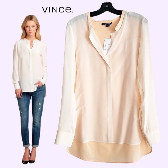 VINCE NEW 100% Silk Minimalist Mandarin Collar Colorblock Blouse 4 - Picture 1 of 12